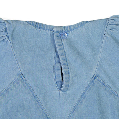 Knit N Knot Girls' Light Blue Denim Dress with Stylish Stitch and Puff Sleeves