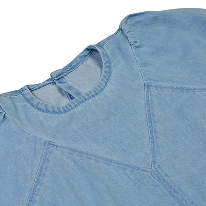 Knit N Knot Girls' Light Blue Denim Dress with Stylish Stitch and Puff Sleeves