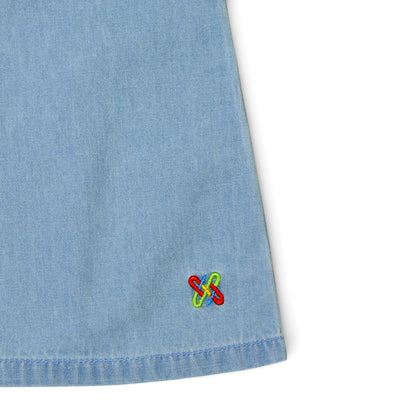 Knit N Knot Girls' Light Blue Denim Dress with Stylish Stitch and Puff Sleeves