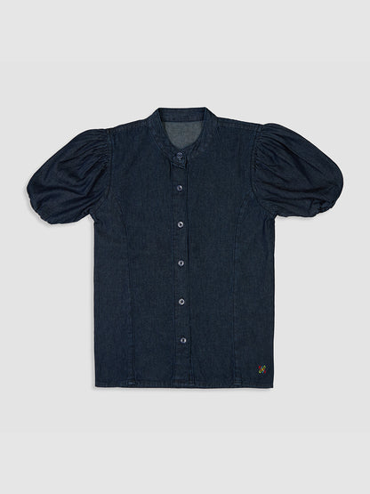 Knit N Knot Girls' Indigo Denim Shirt-Style Top with Puff Sleeves