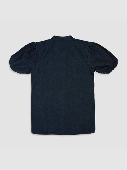 Knit N Knot Girls' Indigo Denim Shirt-Style Top with Puff Sleeves