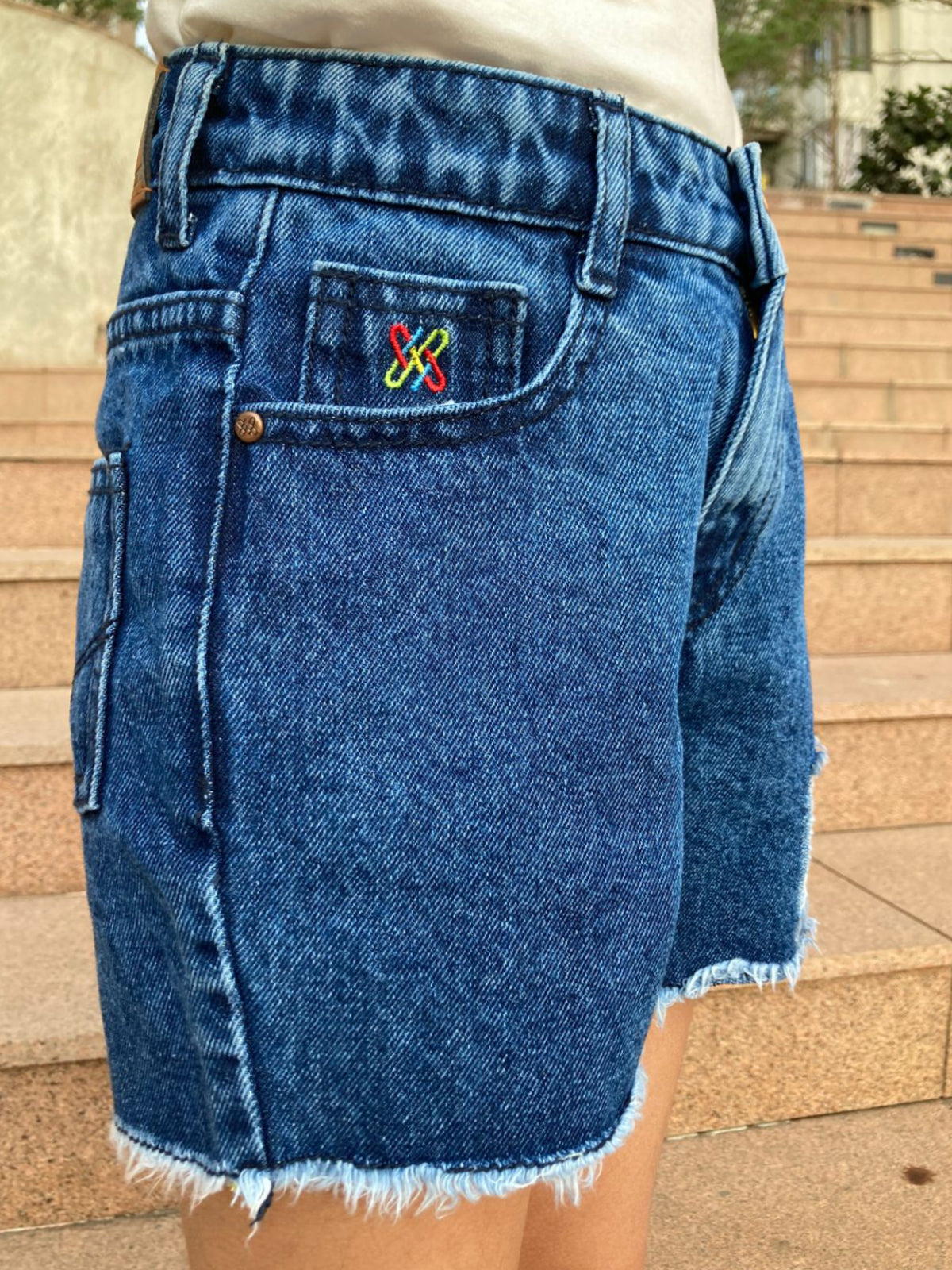 Knit N Knot Girls Blue Cloud Washed Tearing Open Fringe Shorts