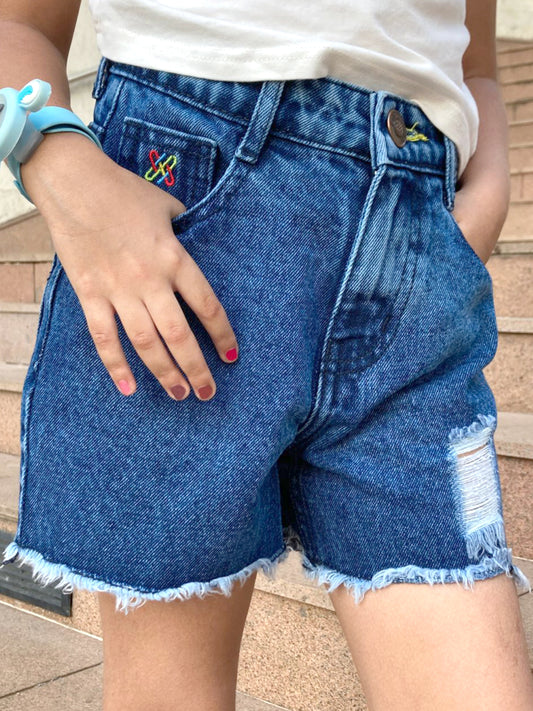 Knit N Knot Girls Blue Cloud Washed Tearing Open Fringe Shorts