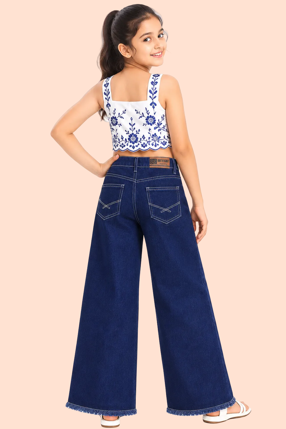 Knit N Knot Girls Premium Wide Leg Denim Jeans with Knee Distress – Dark Indigo
