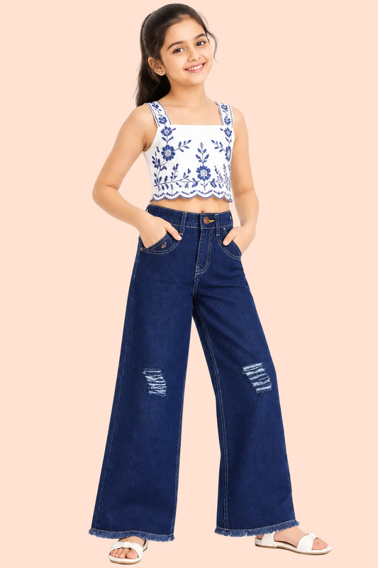 Knit N Knot Girls Premium Wide Leg Denim Jeans with Knee Distress – Dark Indigo