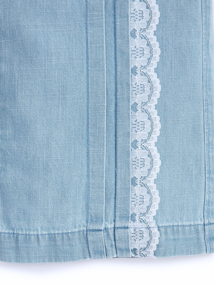 Knit N Knot Girls Ice Blue Denim Wide-Leg Palazzo with Lace Detail | Long Length | Back Elastic