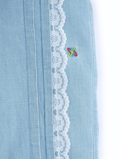 Knit N Knot Girls Ice Blue Denim Wide-Leg Palazzo with Lace Detail | Long Length | Back Elastic