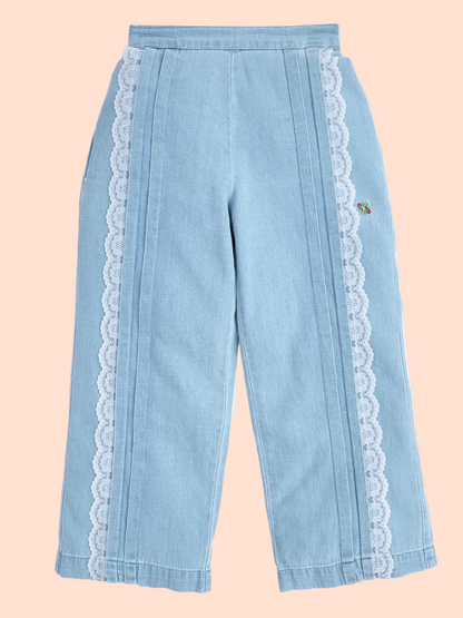 Knit N Knot Girls Ice Blue Denim Wide-Leg Palazzo with Lace Detail | Long Length | Back Elastic