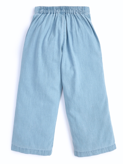 Knit N Knot Girls' Light Blue Soft Denim Top & Palazzo Co-Ord Set with Tie-Up Straps