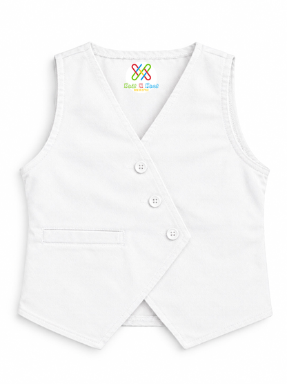 Knit N Knot Girls White Solid Sleeveless Waistcoat | Premium Textured V-Neck Button Closure Casual, Party Vest Jacket Top| Stylish Formal Layering Jacket