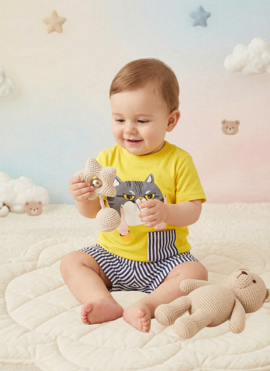 Knit N Knot Boys' Lemon Yellow  Cat Print T-shirt and Shorts Combo Set