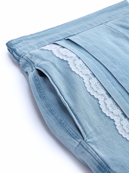 Knit N Knot Girls Ice Blue Denim Wide-Leg Palazzo with Lace Detail | Long Length | Back Elastic