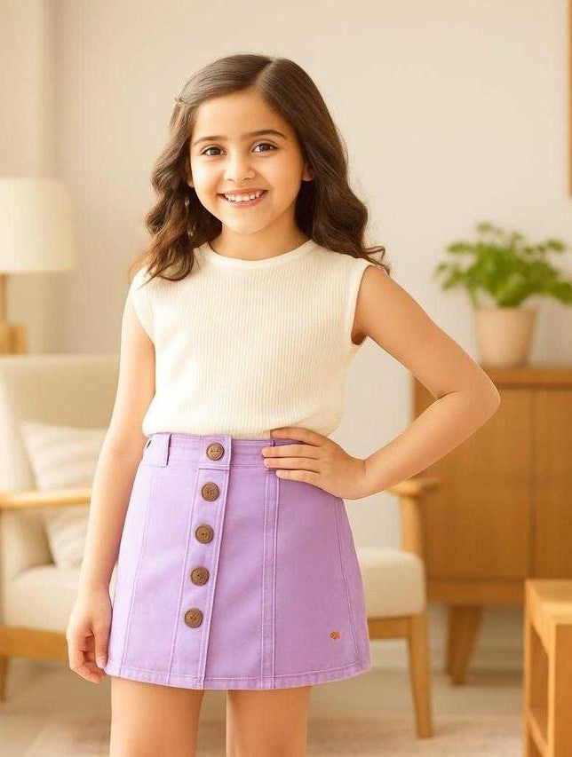Knit N Knot Girls' Lavender Cotton Denim Skirt with Front Button Embellishment