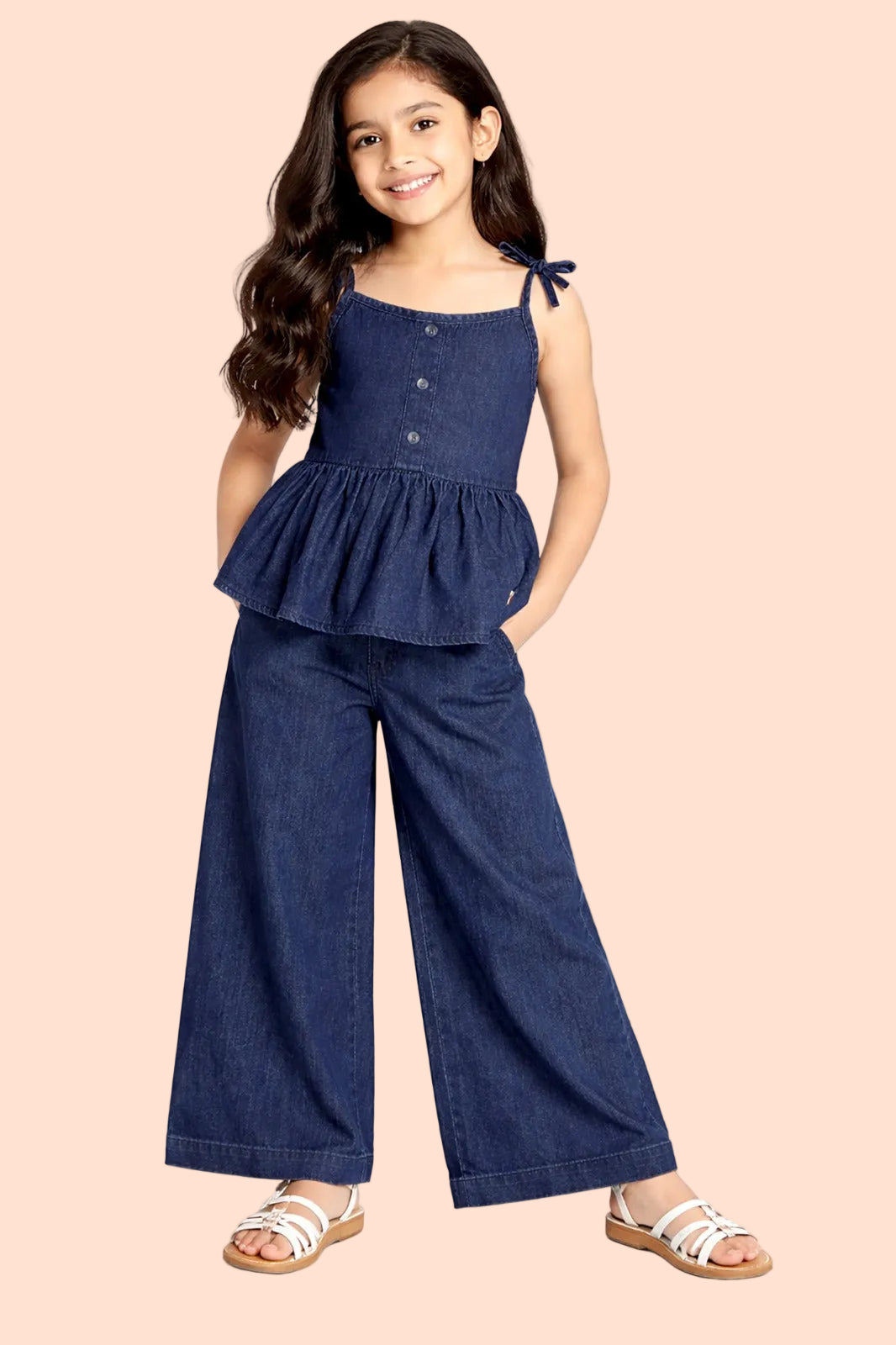 Knit N Knot Girls' Soft Denim Top & Palazzo Co-Ord Set with Tie-Up Straps