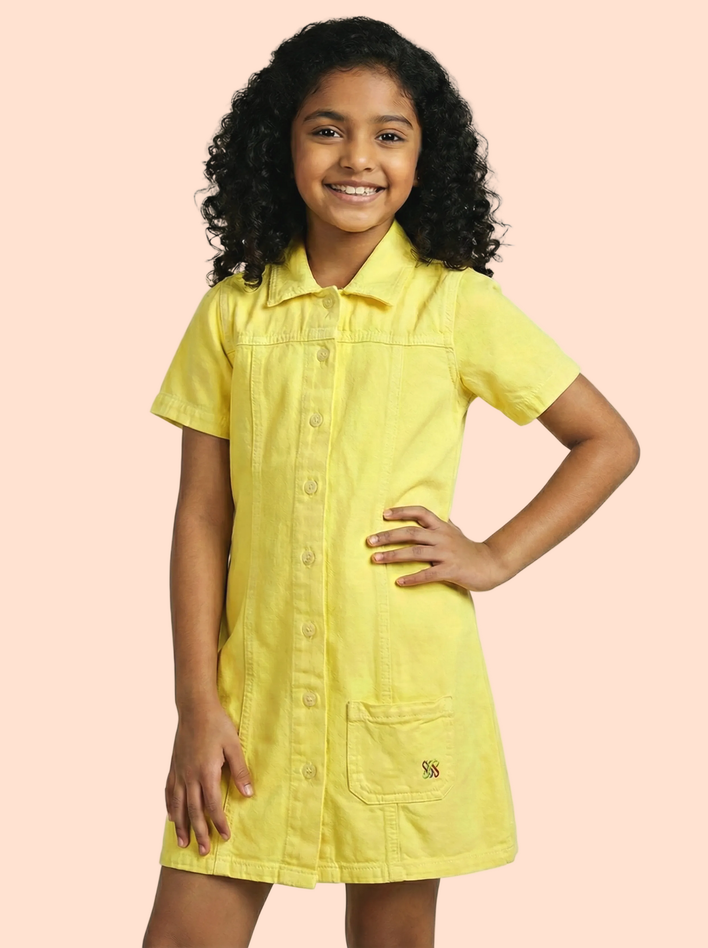 Knit N Knot Girls' Yellow Denim Shirt Dress with Front Buttons & Stitch Detailing – Cotton Dress for Girls