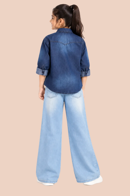 Knit N Knot Girls Denim Casual Shirt Full Sleeves, Stone-Washed Indigo Blue, Double Chest Pockets, Stylish Kids Jeans Shirt, Western Look Cotton Jacket (Copy)