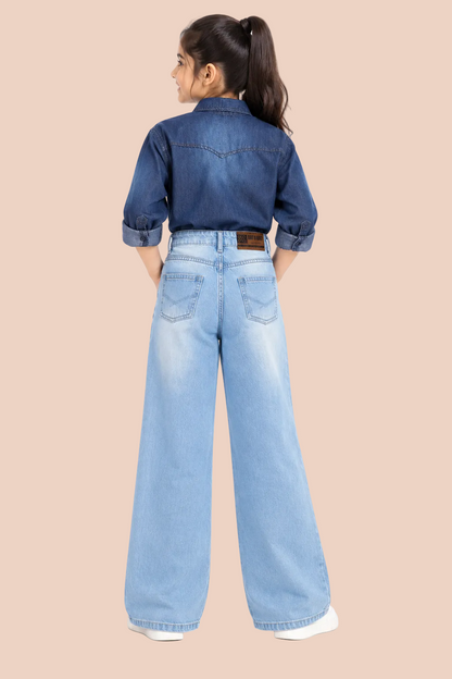 Knit N Knot Girls Denim Casual Shirt Full Sleeves, Stone-Washed Indigo Blue, Double Chest Pockets, Stylish Kids Jeans Shirt, Western Look Cotton Jacket (Copy)