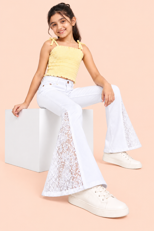 Knit N Knot Girls White Bell Bottom Jeans with Lace Panels | Flared Denim Jeans for Girls | Stylish Casual Low Waist Wide Leg Jeans for Kids